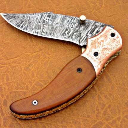 Damascus Walnut Wood Folding Knife