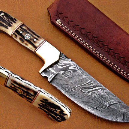 Damascus Steel Blade Skinner Knife With Blue Bone Wood Handle And Steel Bolster