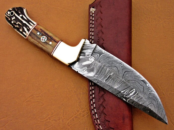 Damascus Steel Blade Skinner Knife With Blue Bone Wood Handle And Steel Bolster