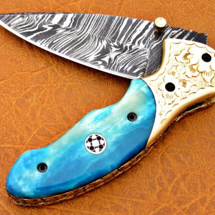 Damascus Steel Blade Folding Knife Blue Bone