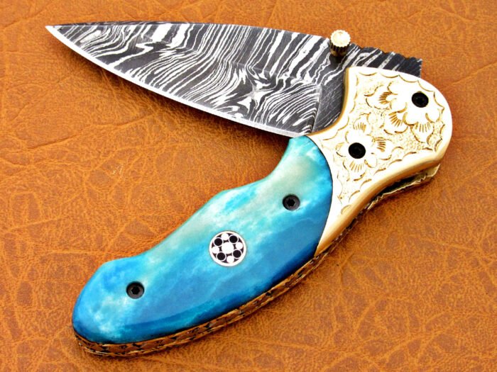 Damascus Steel Blade Folding Knife Blue Bone