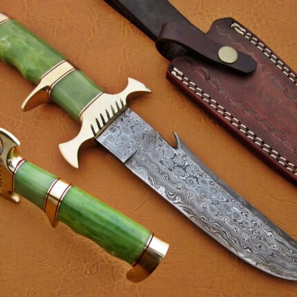 Damascus Steel Blade Bowie Knife Green Bone Overall 12 Inch