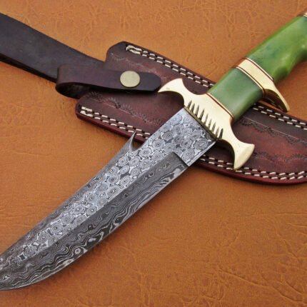 Damascus Steel Blade Bowie Knife Green Bone Overall 12 Inch