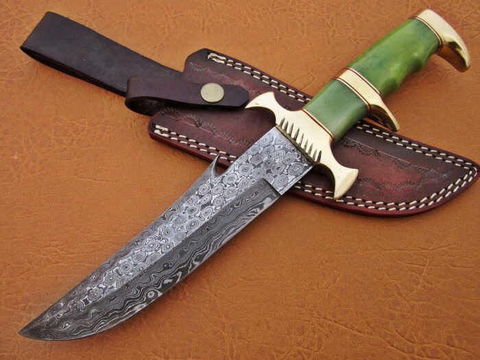 Damascus Steel Blade Bowie Knife Green Bone Overall 12 Inch