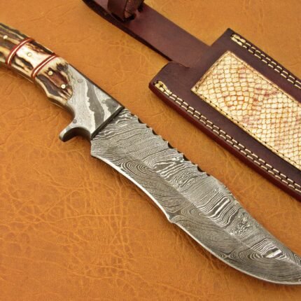 Damascus Steel Blade Bowie Knife Deer Antler 12 Inch