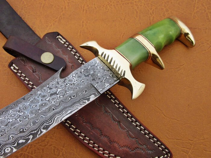 Damascus Steel Blade Bowie Knife Green Bone Overall 12 Inch