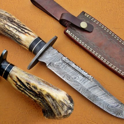 Damascus Steel Blade Bowie Knife Handle Deer Antler Boolster 12 Inch