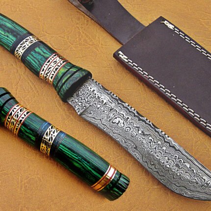 Damascus Steel Blade Bowie Knife Green Sheet Overall 12 Inch