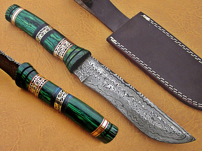 Damascus Steel Blade Bowie Knife Green Sheet Overall 12 Inch