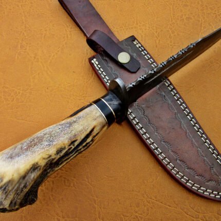 Damascus Steel Blade Bowie Knife Handle Deer Antler Boolster 12 Inch