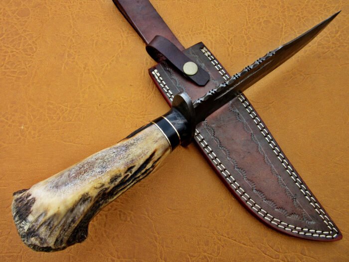 Damascus Steel Blade Bowie Knife Handle Deer Antler Boolster 12 Inch