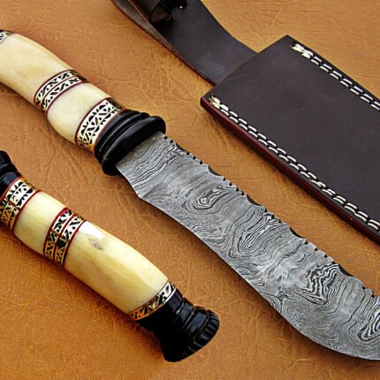 Damascus Steel Blade Bowie Handle Material Camel Bone Overall 12 Inch