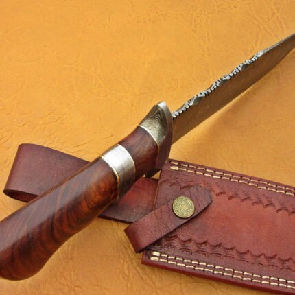 Damascus Steel Blade Bowie Handle Material Rose Wood 12 Inch