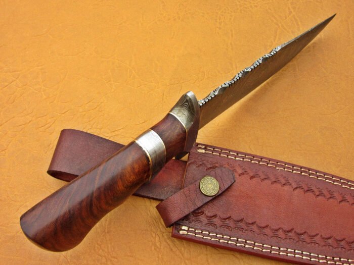 Damascus Steel Blade Bowie Handle Material Rose Wood 12 Inch