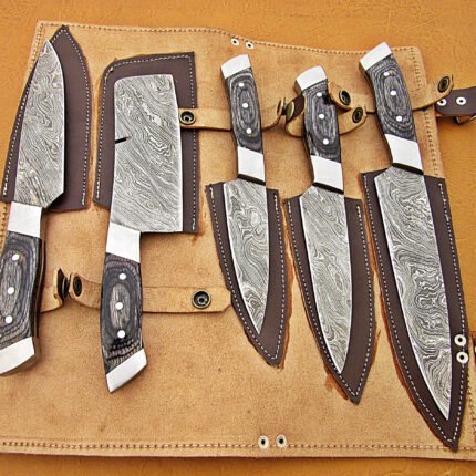 Damascus Steel Blade Chef Set Black Micarta Handle Steel Bolster 7-10 Inch