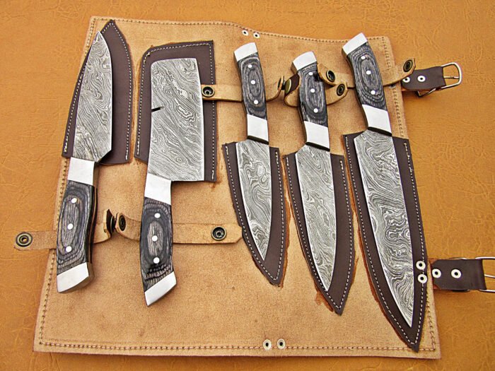 Damascus Steel Blade Chef Set Black Micarta Handle Steel Bolster 7-10 Inch