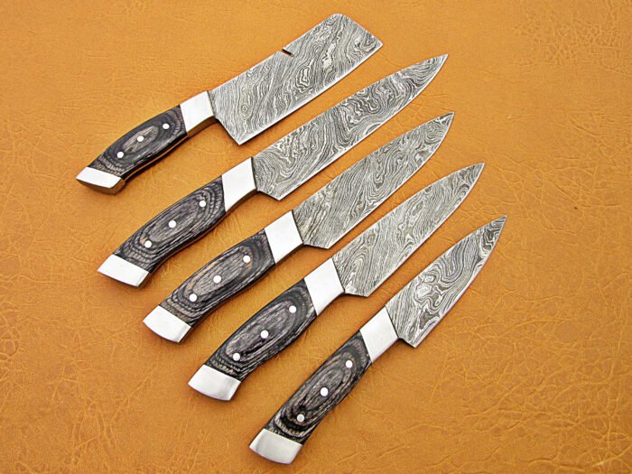 Damascus Steel Blade Chef Set Black Micarta Handle Steel Bolster 7-10 Inch