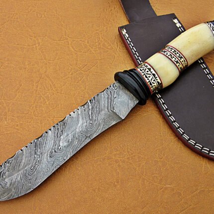 Damascus Steel Blade Bowie Handle Material Camel Bone Overall 12 Inch