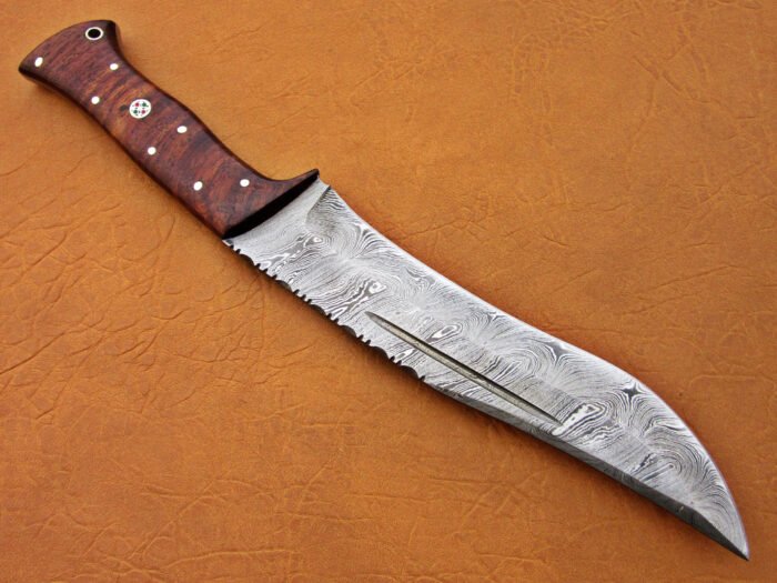 Damascus Steel Blade Bowie Knife Handle Walnut Wood Overall 18 Inch