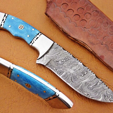 Damascus Steel Blade Hunting Knife Handle Blue Color Camel Bone 9 Inch