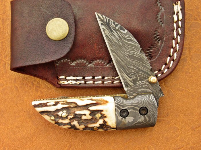 Damascus Folding Knife Deer Antler Handle