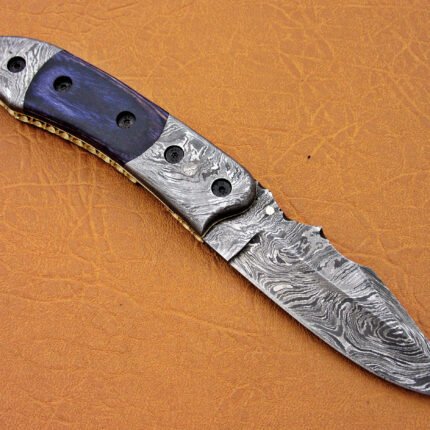 Damascus Folding Knife Blue Micarta