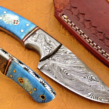 Damascus Steel Blade Skinner Knife With Blue Bone Handle