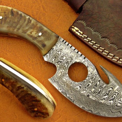 Damascus Steel Blade Skinner Knife With Ram Horn Handle 8 Inch