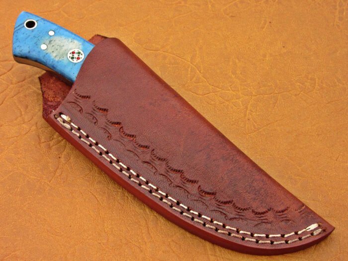 Damascus Steel Blade Skinner Knife With Blue Bone Handle