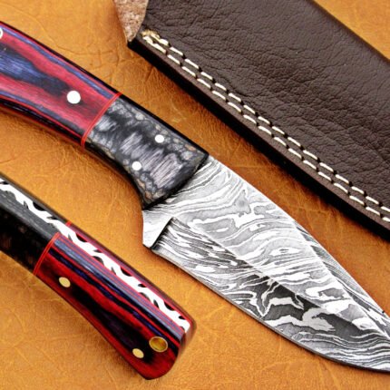 Damascus Steel Blade Skinner Knife With Red Sheet Handle