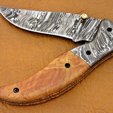 Damascus Steel Blade Folding Knife, wood Handle Overall 8.5 Inch