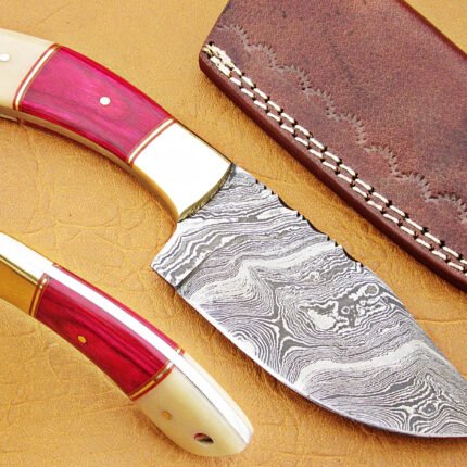 Damascus Steel Blade Skinner Knife With Red Color Camel Bone Handle