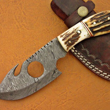 Damascus Steel Blade Gut Hook Bowie Knife 8 Inch