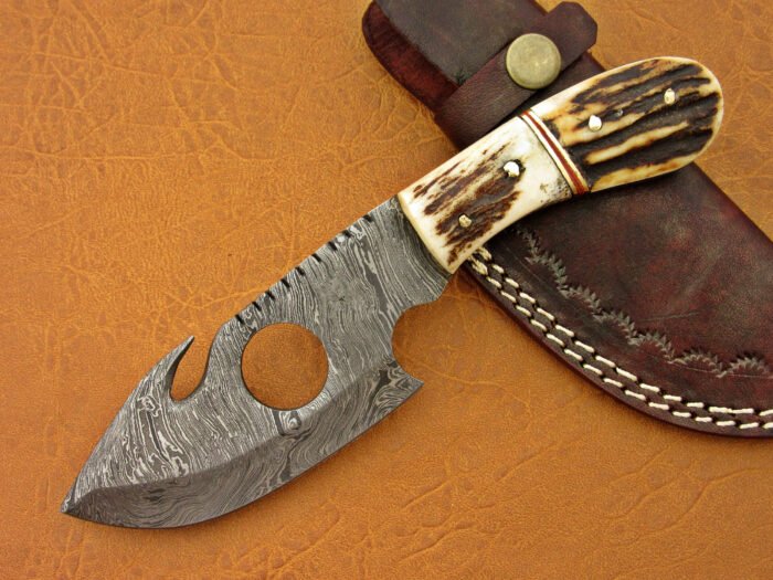 Damascus Steel Blade Gut Hook Bowie Knife 8 Inch