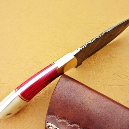 Damascus Steel Blade Skinner Knife With Red Color Camel Bone Handle