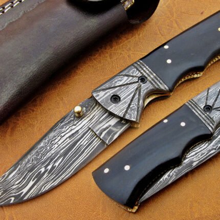 Damascus Steel Blade Folding Knife,buffalo Handle Overall 7.5 Inch