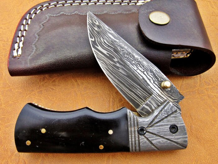 Damascus Steel Blade Folding Knife,buffalo Handle Overall 7.5 Inch