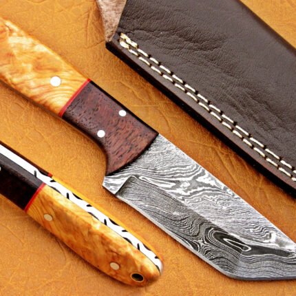 Damascus Steel Blade Tanto Hunting Knife With Walnut Wood Handle