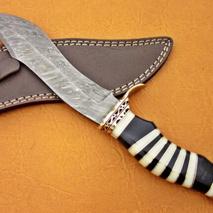 Damascus Steel Blade Bowie Knife Handle Camel Bone Buffalo Horn Overall 12 Inch