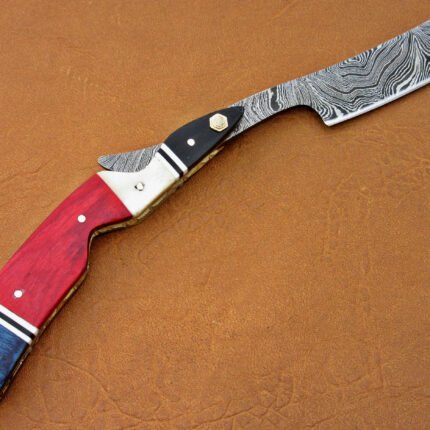 Damascus Blade Razor With Blue And Red Sheet Handle