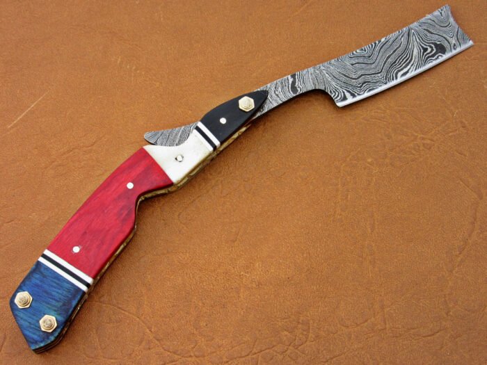 Damascus Blade Razor With Blue And Red Sheet Handle