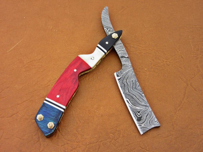 Damascus Blade Razor With Blue And Red Sheet Handle