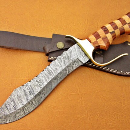 Damascus Steel Blade Bowie Olive Wood Buffalo Horn 12 Inch