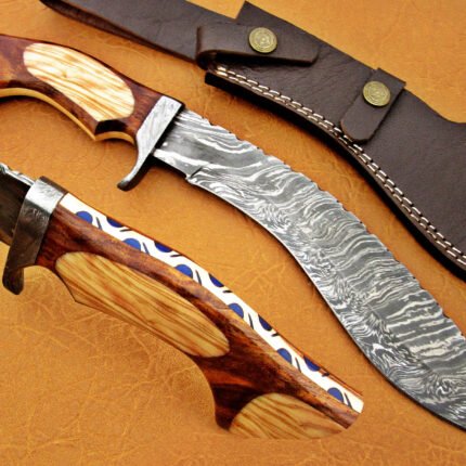 Damascus Steel Kukrie With Olive And Walnut Wood Brass Clip Handle