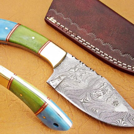 Damascus Steel Blade Skinner Knife With Green & Blue Color Bone Handle
