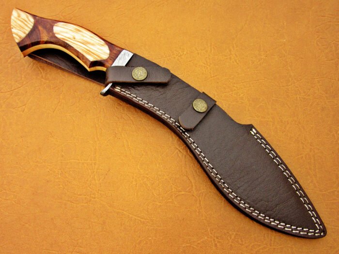 Damascus Steel Kukrie With Olive And Walnut Wood Brass Clip Handle