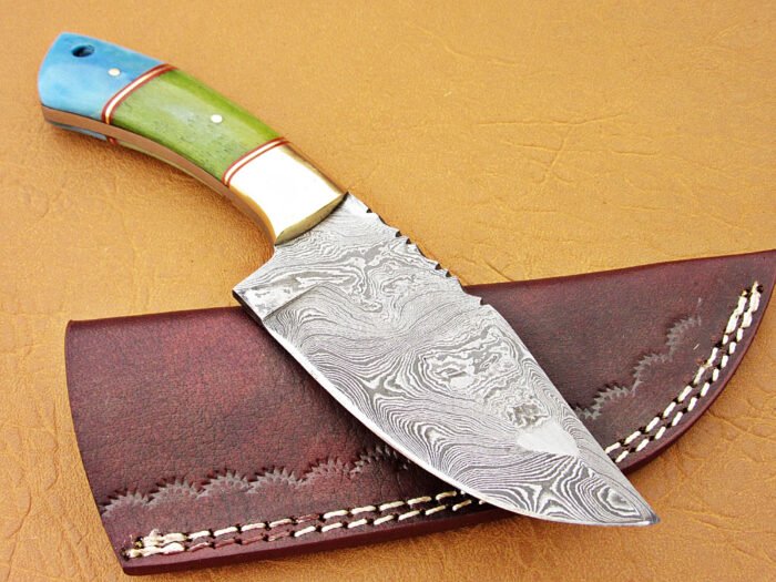 Damascus Steel Blade Skinner Knife With Green & Blue Color Bone Handle