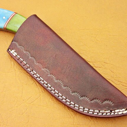 Damascus Steel Blade Skinner Knife With Green & Blue Color Bone Handle