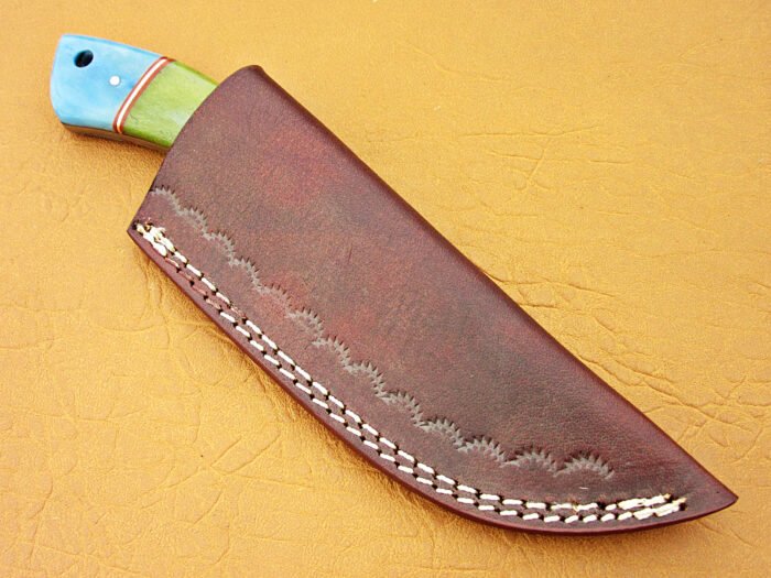 Damascus Steel Blade Skinner Knife With Green & Blue Color Bone Handle