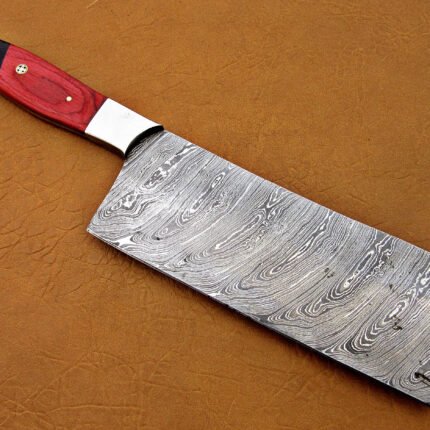 Damascus Steel Blade Meat Cleaver With Red Horn Steel Bolster Handle